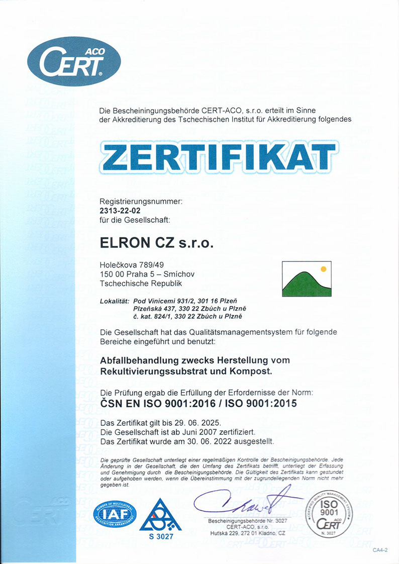 ELRON CZ Certifikace ISO